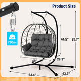 Pamapic 700 LBS Double Egg Chair Outdoor, UV Resistant Cushions Hanging Egg Chair with Armrests & Headrest, Thick Steel Frame Egg Swing Chair with Stand, for Relaxing & Reading Outside/Inside(Grey) Pamapic