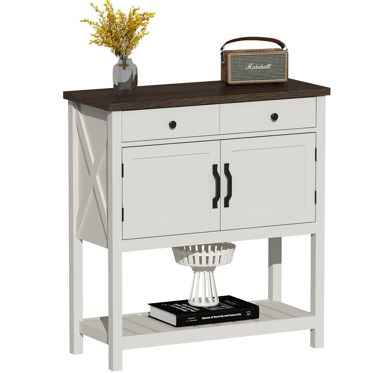 ChooChoo Farmhouse Console Table, Entryway Table with Storage Shelf, Coffee Bar Cabinet, Narrow Buffet Sideboard for Kitchen, Hallway, Living Room, White ChooChoo