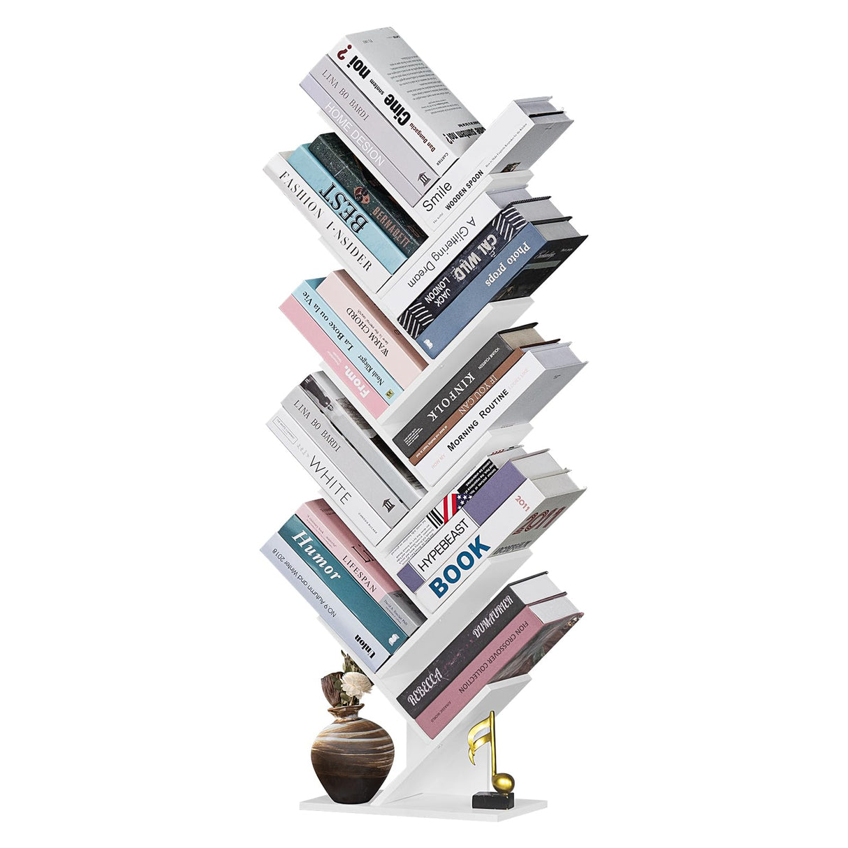 SHEEPAM 10 Tier Tree Book Shelf, Floor Standing Wood Bookshelf for Narrow Space, Storage Organizer Bookshelves for Books/CDs/Magazine, Bookcase with Shelves for Home Office, Living Room - White SHEEPAM