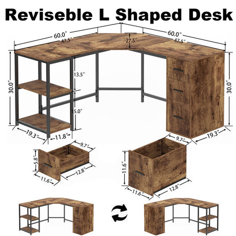 LVB Farmhouse L-shaped Corner Desk with Drawers, Reversible Home Office Executive Desk with Storage Cabinet Shelves, Large Wood Metal L Shaped Table for Work Study Writing Gaming, Rustic Brown, 60 in LVB