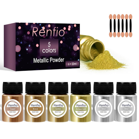 Renfio Metallic Pigment Powder, 5 Colors Gold Mica Powder for Resin, 6 X 20ml Metal Powder, Resin Color Pigment, Color Pigment for Epoxy Resin, Kintsugi, Polymer Clay, Candle Dye Renfio