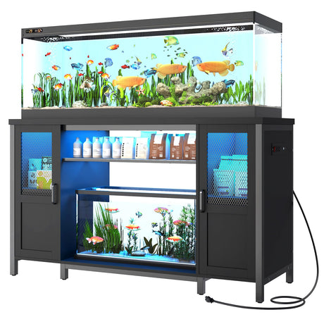 Hlivelood 55-75 Gallon Fish Tank Stand with Power Outlet&LED Light, Heavy Duty Metal Aquarium Stand for 2 Fish Tank Accessories Storage, Suit for Turtle Tank, Reptile Terrarium, 880lbs Capacity, Black Hlivelood