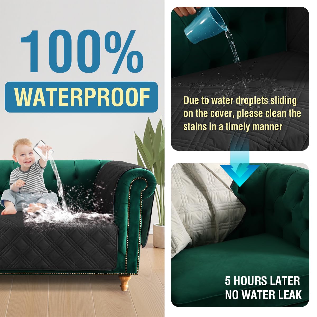 H.VERSAILTEX 100% Waterproof Armchair Slipcovers Modern Arm Chair Covers with Extra Long Armrest Cover Traditional Chesterfield Chair Covers Thick Sofa Protector for Cats (Chair, Black/Beige) H.VERSAILTEX