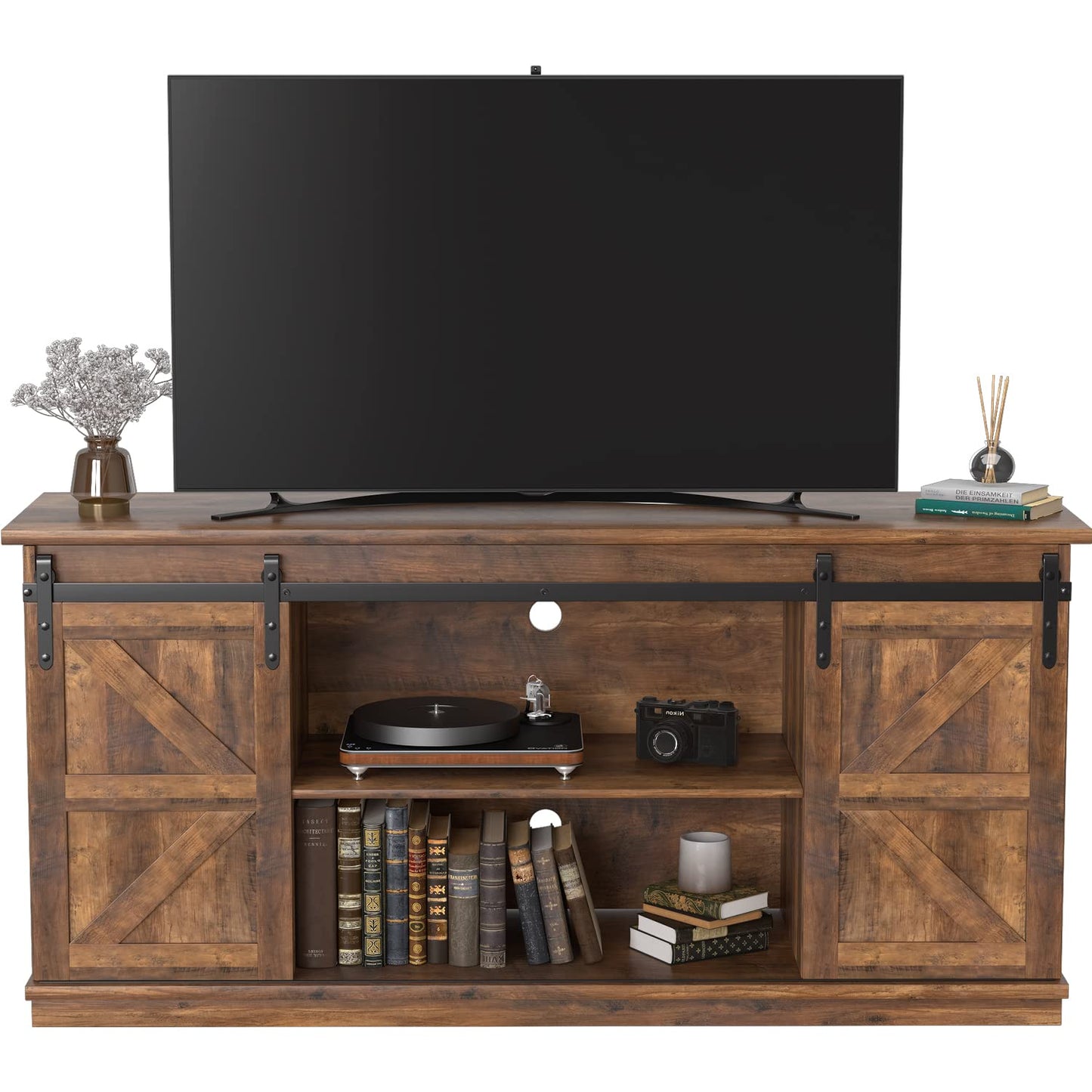 JUMMICO TV Stand for 65 Inch TV, Entertainment Center with Storage Cabinets and Sliding Barn Doors, Mid Century Modern Media TV Console Table for Living Room Bedroom (Rustic Oak) - WoodArtSupply