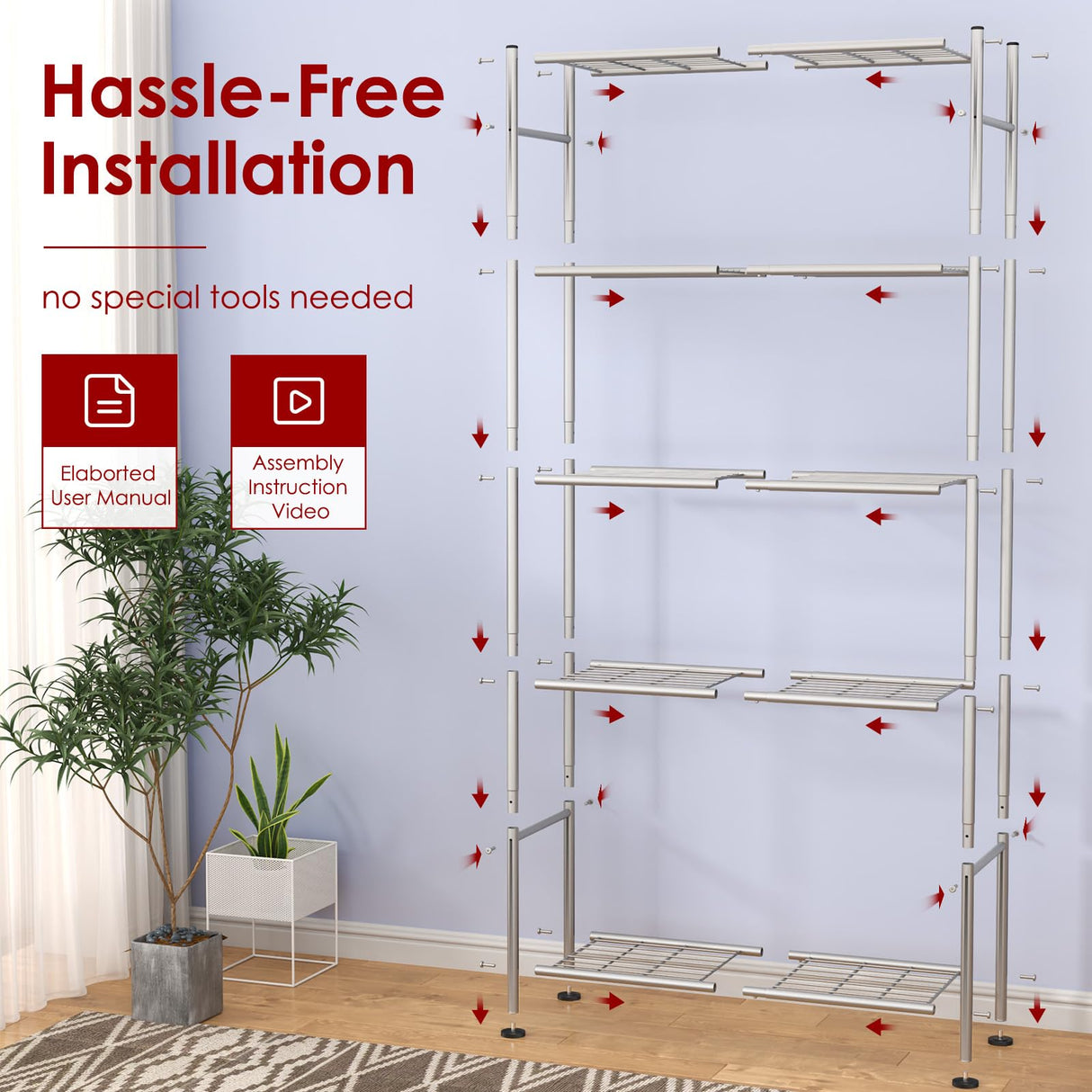 Sakugi Storage Shelves - 5 Tier Shelf Organizer, Heavy Duty Garage Shelving Unit with Leveling Feet, Stable Metal Shelves Organizer for Pantry, Kitchen and Closet, 33.0" W x 12.6" D x 72.0" H, Silver Sakugi
