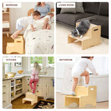 WOOD CITY Wooden Toddler Step Stool for Kids, Bathroom Potty Stool & Kitchen Stool, Natural Two Step Stool for Bedroom, Children's Stool with Handles and Safety Non-Slip Pads WOOD CITY