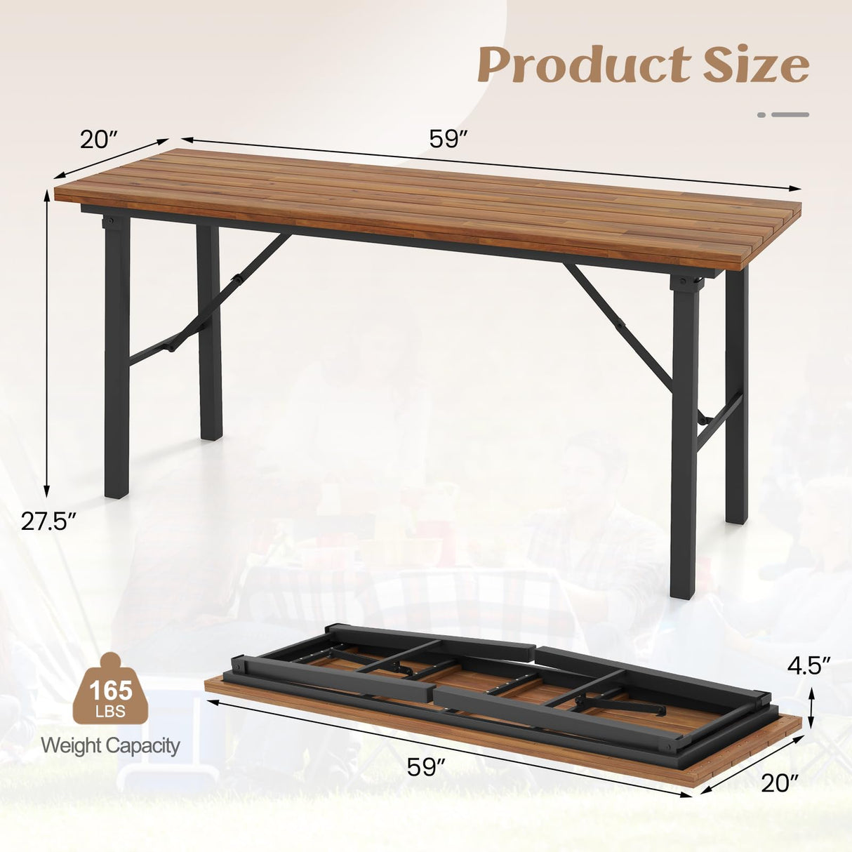 Tangkula Outdoor Dining Table With Benches for 4-6 Persons, No Assembly Foldable 59 Inches Narrow Patio Dining Table with Acacia Wood Top & Heavy Duty Metal Frame, for Yard, Garden, Poolside or Indoor Tangkula