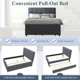civama Full Bed with Trundle, Upholstered Full Over Twin Pull Out Platform Bed with Soft Linen Headboard & Wooden Slat Support for Bedroom Apartment, No Box Spring Needed, Grey civama