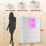 EnHomee 51" H White Dresser with 15 Drawers Dresser for Bedroom with Charging Station & LED Lights & Hutch Sturdy Bedroom Dressers, Steel Frame, Wood Top, 51.2" H x 39.3" W x 11.8" D EnHomee