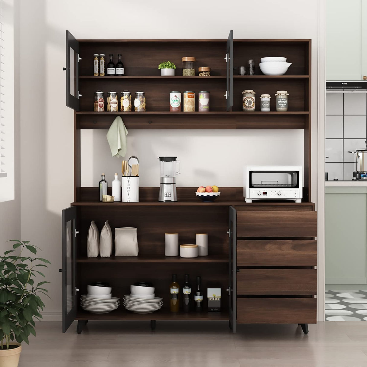 AGOTENI Large Kitchen Hutch Cabinet, Storage Cupboard Pantry with 4 Glass Doors, 4 Drawers & Microwave Shelf, for Kitchen Open Storage, Rustic Brown (63" W x 15.7" D x 74.8" H) AGOTENI