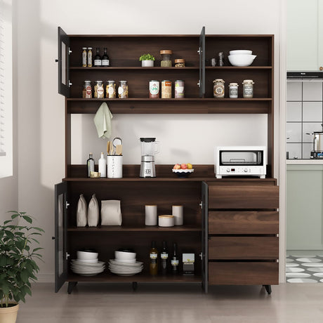 AGOTENI Large Kitchen Hutch Cabinet, Storage Cupboard Pantry with 4 Glass Doors, 4 Drawers & Microwave Shelf, for Kitchen Open Storage, Rustic Brown (63" W x 15.7" D x 74.8" H) AGOTENI