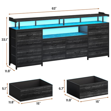 BTHFST 12 Drawers TV Stand Dresser for 65/70 inch TV, Entertainment Center with LED Lights & Power Outlets, 63" Large LED TV Stand, TV Console for Bedroom BTHFST