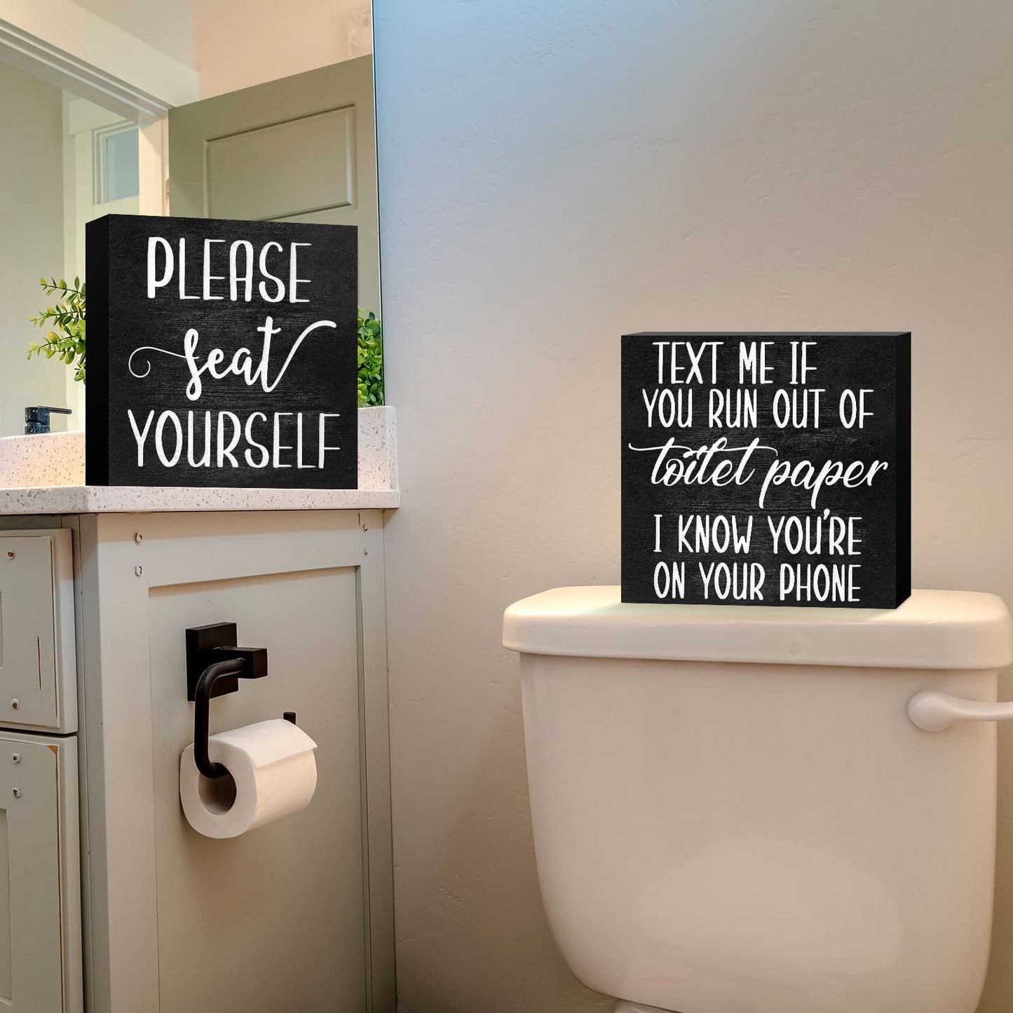 Jetec 2 Pieces Farmhouse Bathroom Signs Decor Wooden Box Sign Funny Bathroom Wall Art Rustic Bathroom Wood Plaque Please Seat Yourself Bathroom Decor for Home Bathroom Restroom(Black)