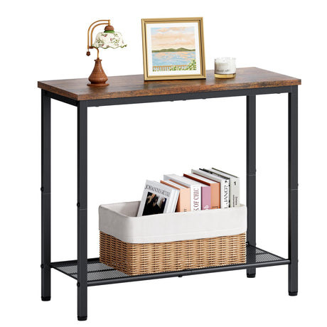 Hoctieon 2 Tier End Table, Sofa Side Table, Narrow Side Table with Storage, Slim Nightstand for Small Spaces, Metal Frame, for Living Room, Bedroom, Sofa Couch, Hall, Rustic Brown Hoctieon