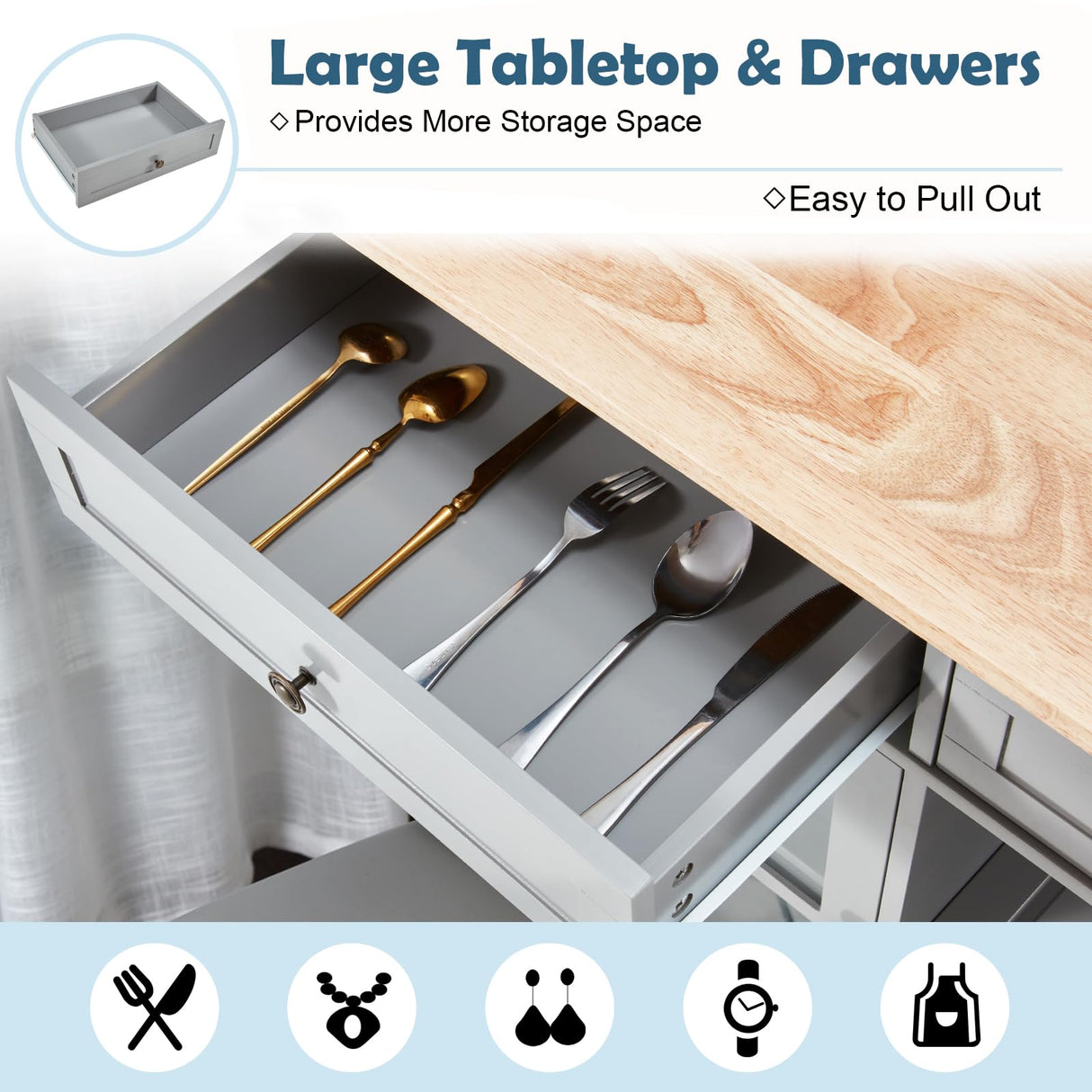 AVAWING Rolling Kitchen Island Cart with Storage, 42" Width Kitchen Cart w/ 2 Wheels, Coffee Cart with Drawers & Openshelves & Glass Cabinet & Towel Rack, Portable Islands, Grey AVAWING