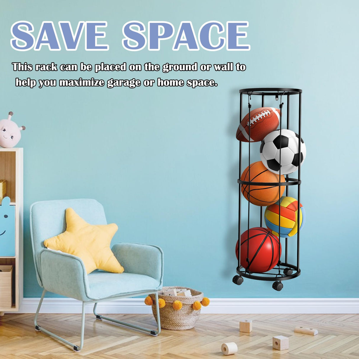 RunNico Columnar Vertical Ball Racks- 40x13.2 Inch Rolling Basketball Holder Wall Mount-Garage Sports Ball Storage for Indoor Rooms and Gyms RunNico
