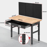 ENJOYWOOD Workbench for Garage with Drawers 48 x 24 Inch Rubberwood Tabletop Work Table with Pegboard, Power Outlets Adjustable Height Work Bench for Woodworking Shop, Home, Office ENJOYWOOD