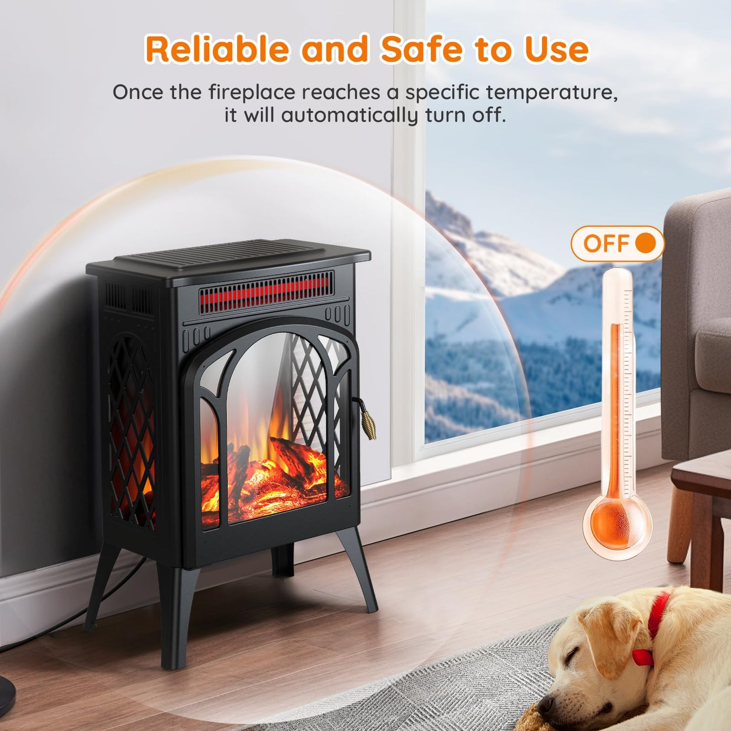 Rintuf Small Electric Fireplace Heater, 1500W Infrared Fireplace Stove with 3D Flame Effect, Adjustable Thermostat, 8H Timer, Remote Control, Freestanding Space Heaters for Indoor Use Large Room Safe