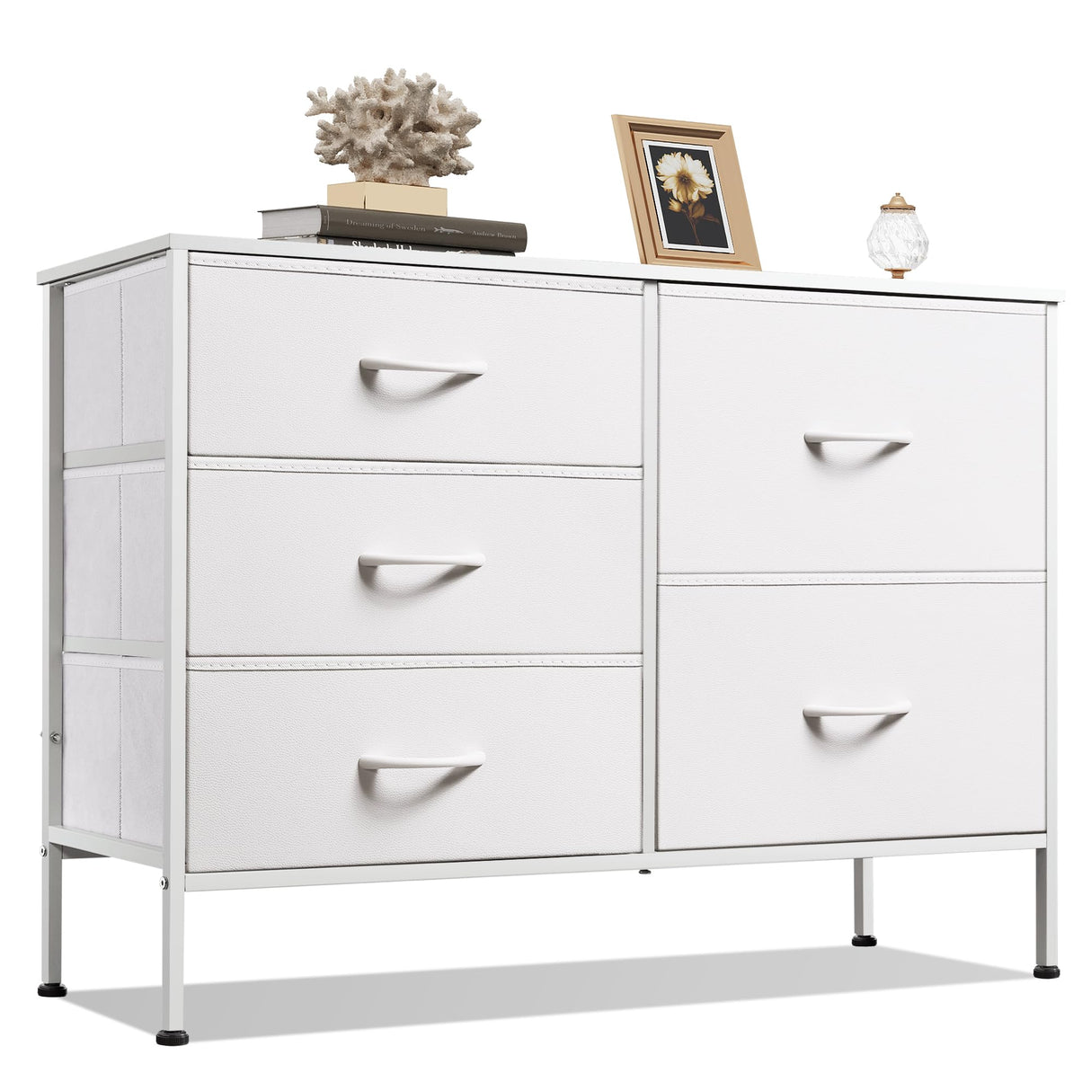 WLIVE Dresser for Bedroom with 5 Drawers, Wide Bedroom Dresser with Drawer Organizers, Chest of Drawers, Fabric Dresser for Living Room, Closet, Hallway, White WLIVE