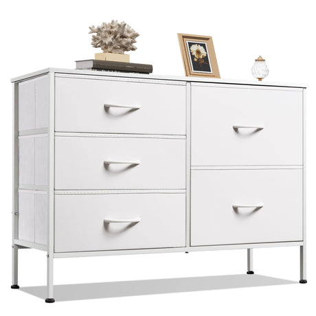 WLIVE Dresser for Bedroom with 5 Drawers, Wide Bedroom Dresser with Drawer Organizers, Chest of Drawers, Fabric Dresser for Living Room, Closet, Hallway, White WLIVE