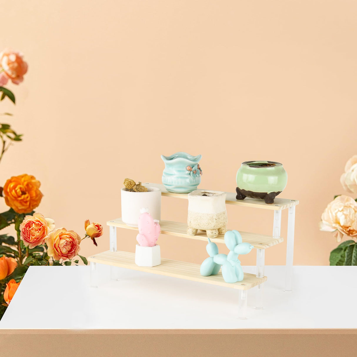 BYCY 2pcs Wooden Display Riser Stand,3 Tier Counter Shelf Spice Rack Organizer for Perfume Makeup and Dolls Collection, Step Ladder Cupcake Risers for Desserts Candies Craft Figurines (3T2P-M) BYCY