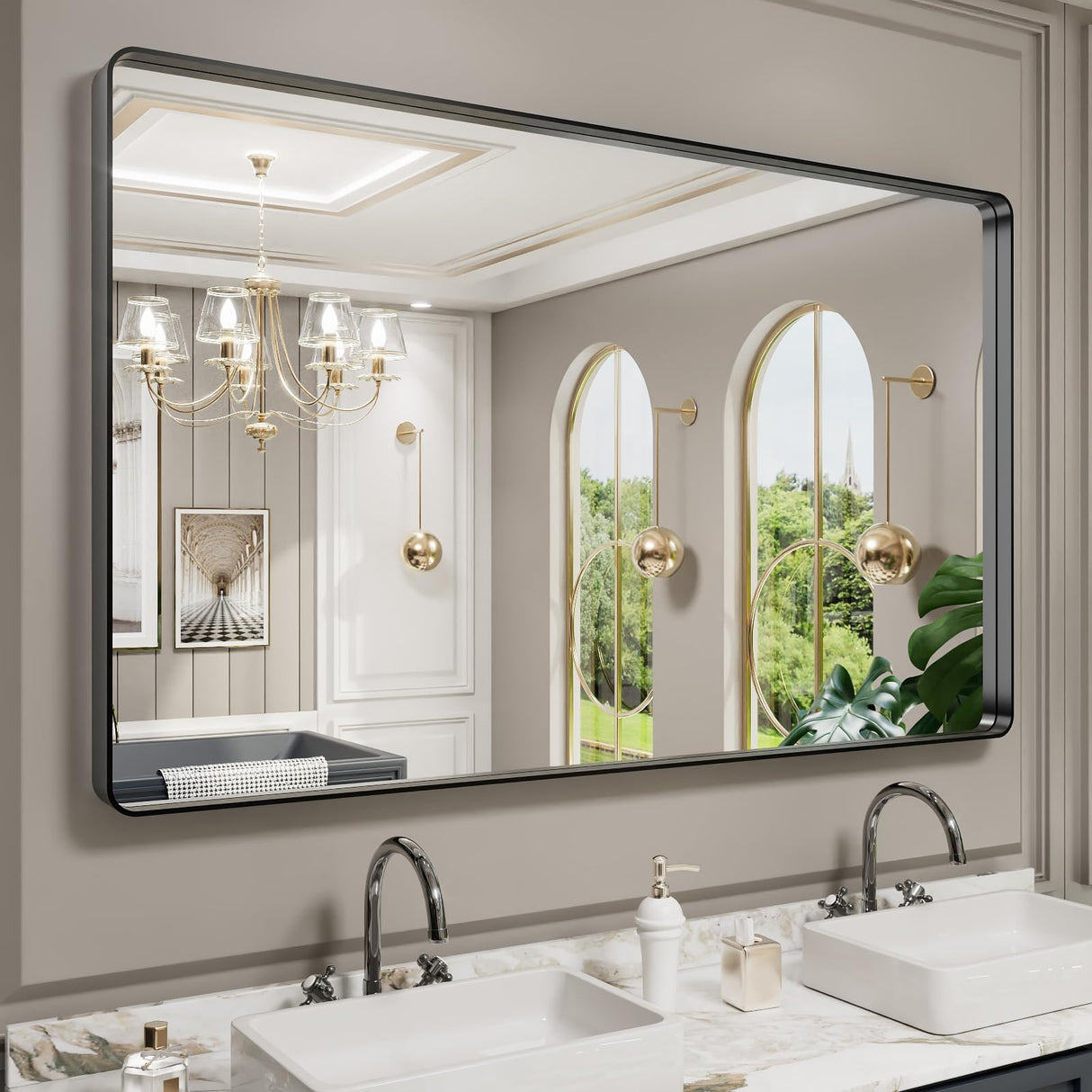 LOAAO 60X30 Inch Black Metal Framed Bathroom Mirror for Wall, Matte Black Bathroom Vanity Mirror Farmhouse, Large Rounded Rectangle Mirror, Anti-Rust, Tempered Glass, Hangs Horizontally or Vertically LOAAO