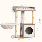 Heybly Modern Cat Tree, Wooden Cat Tower with 3 Scratching Posts, Cat Condo for Indoor Cats with Wood Cat Cave, Plush Perch, Basket, Pompom, Rustic Gray HCT007SSG Heybly