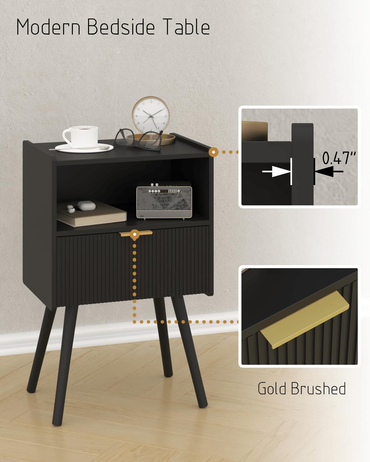 JOONEE Black Nightstand,Modern Bedside Table with Storage Drawer and Open Wood Shelf, for Living Room, Bedroom and Small Spaces, Accent Night Stand with Solid Wood Legs, Easy Assembly,Classic Black JOONEE