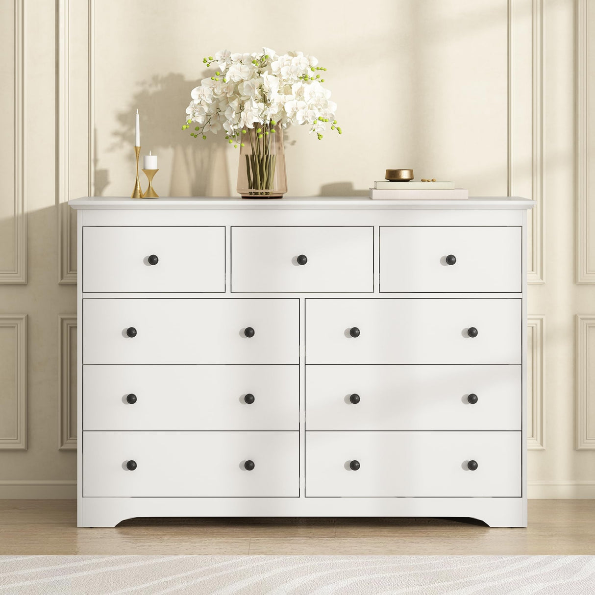BAZELOR 55 Inch Wide White Dresser for Bedroom, 9 Drawer Dresser with Large Drawers, Wood Chest for Living Room, Hallway BAZELOR