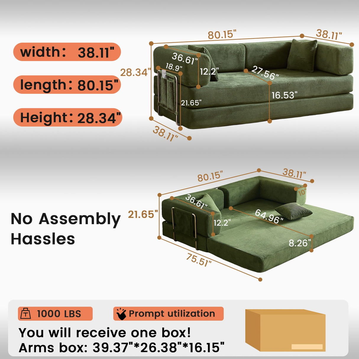 GEARIVY Folding Sofa Bed Convertable Corduroy Couch King Size Floor Sleeper 4-in-1 DIY Combination Modular Sofa Fold Out Futon Lounge Comfy Foldable Lazy cama for Living Room (Green, 80.15") GEARIVY