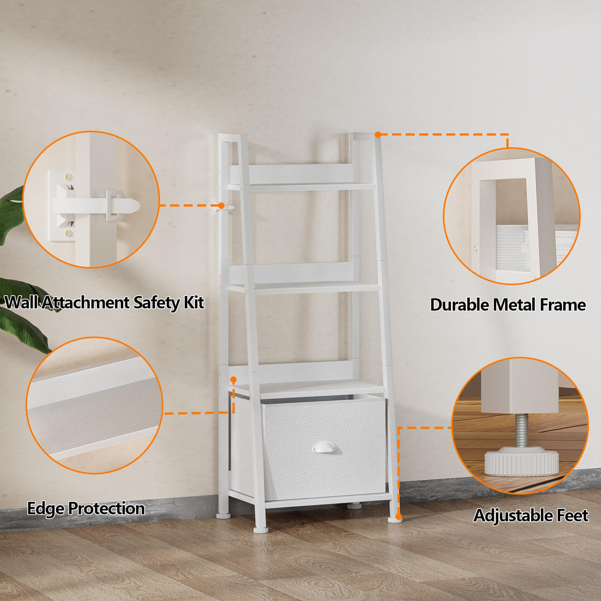 Furologee 4-Tier White Ladder Shelf, Ladder Bookshelf with Removable Drawer, Bookcase Storage Rack Organizer, Freestanding Storage Shelves for Living Room, Home Office, Bedroom Furologee