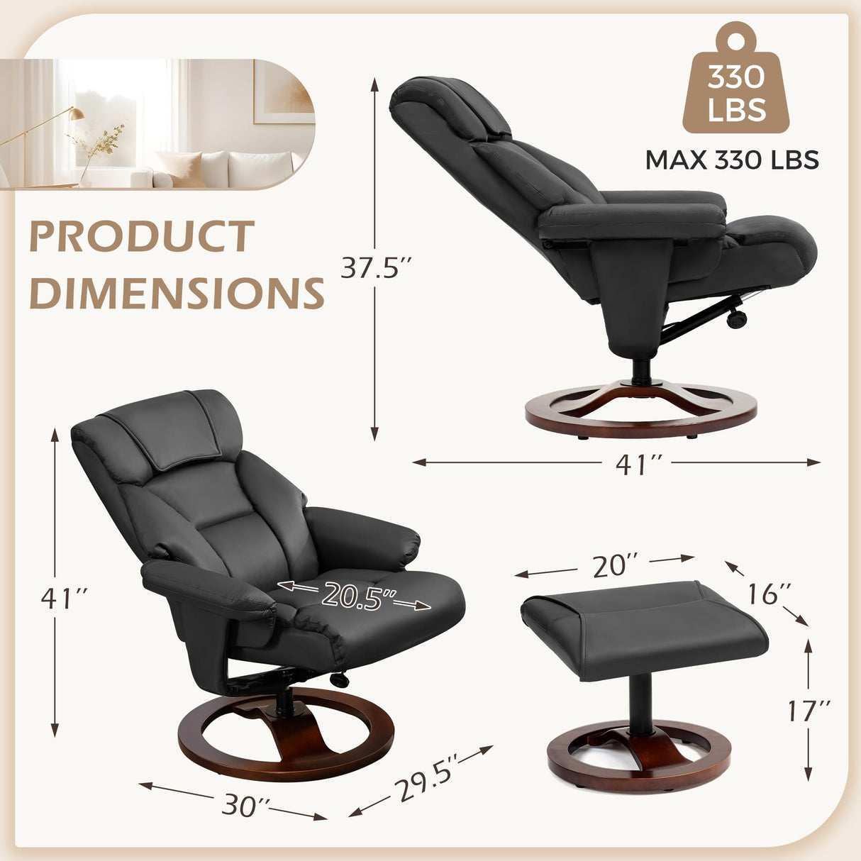 AVAWING Swivel Recliner Chair with Ottoman, Adjustable Faux Leather Lounge Chair, Reclining Chair and Ottoman with Wood Base for Living Room & Bedroom, Black AVAWING