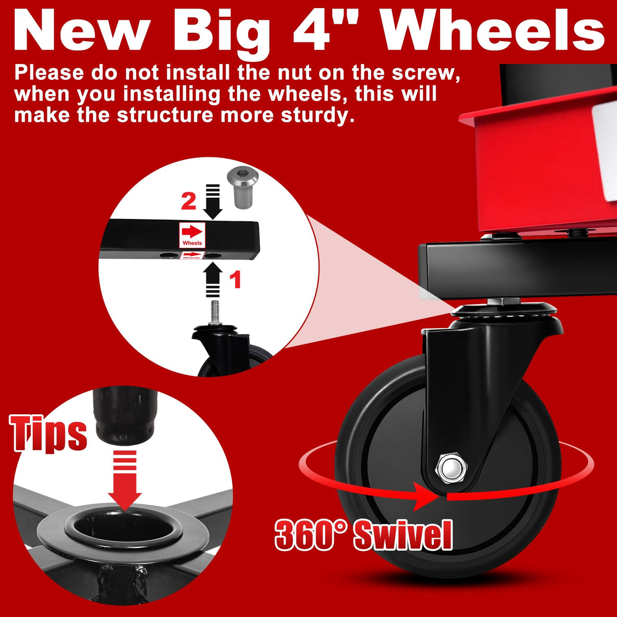 FreekyFit Rolling Shop Stool with Wheels, Adjustable Garage Mechanic Stool Seat Shop Roller Work Chair Mobile Rolling Seat with Tool Tray, 2 Cup Holders, 4" Casters, 350 LBS, Heavy-Duty, Red FreekyFit