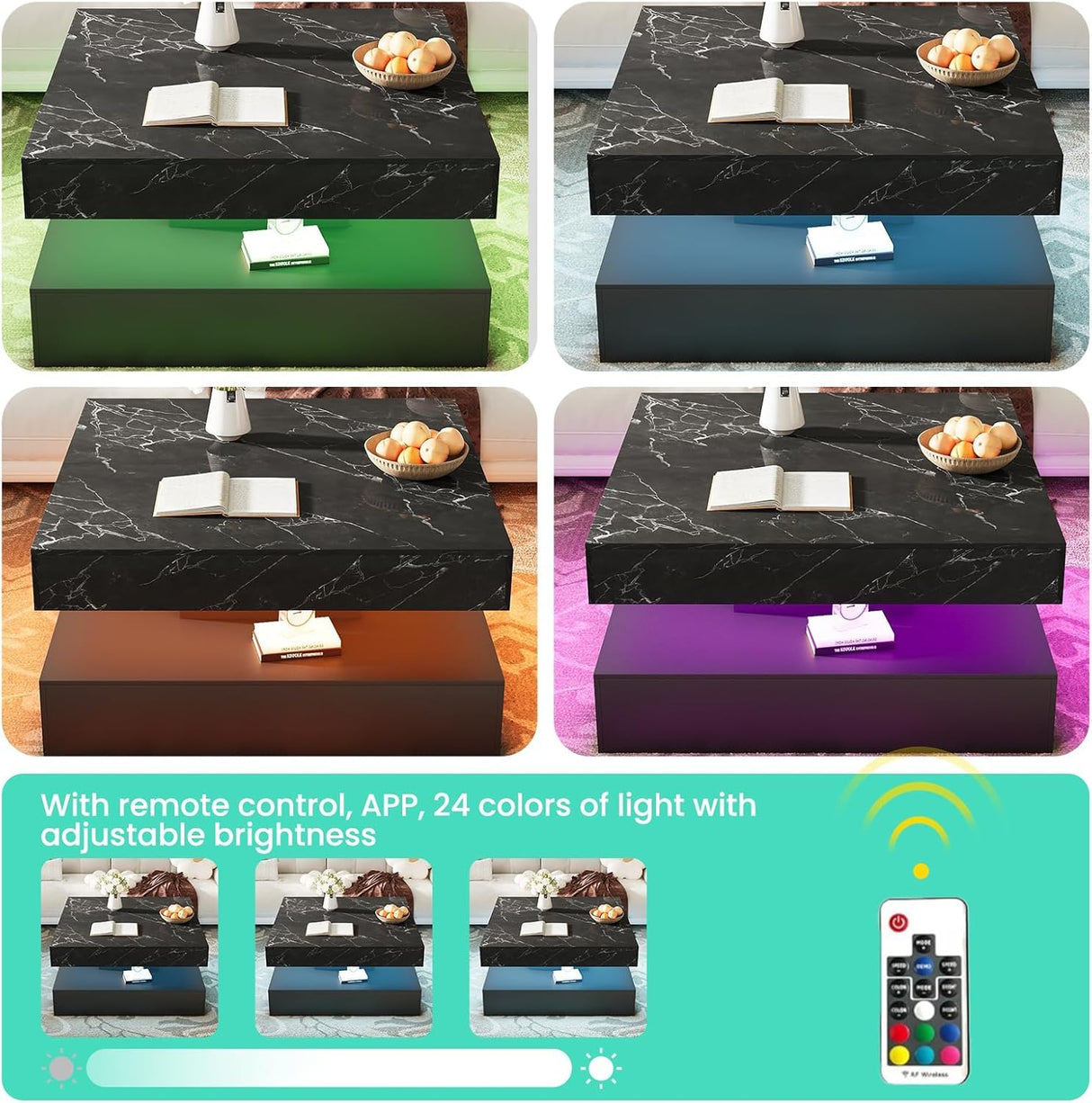 Square Coffee Table with LED Lights – 2-Tier High Gloss Minimalist Design, 30.7-Inch Modern Center Table with Storage and Drawer – Wooden Coffee Table for Living Room, Home, and Office GOFEI