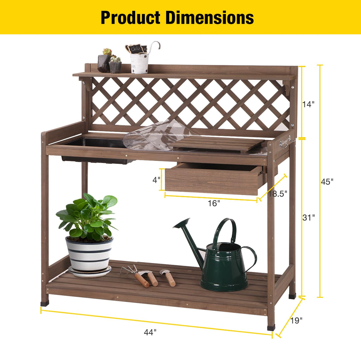 Aivituvin Potting Bench Outdoor with PVC Layer Wooden Planting Table with Sink & Lid Gardening Work Bench with Drawer, Shelf, Hook Aivituvin