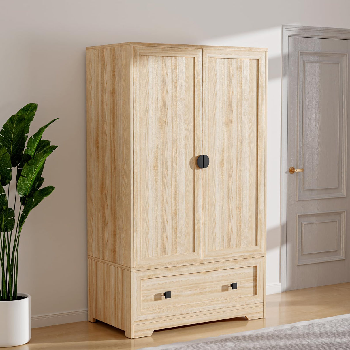 VINGLI Wardrobe Closet, Armoires and Wardrobes with Doors,Hanging Rod, Shelves and Drawer, Freestanding Closet Wardrobe Cabinet, Oak Armoire Wardrobe for Bedroom, Dorm, 38" W x 21" D x 65" H VINGLI