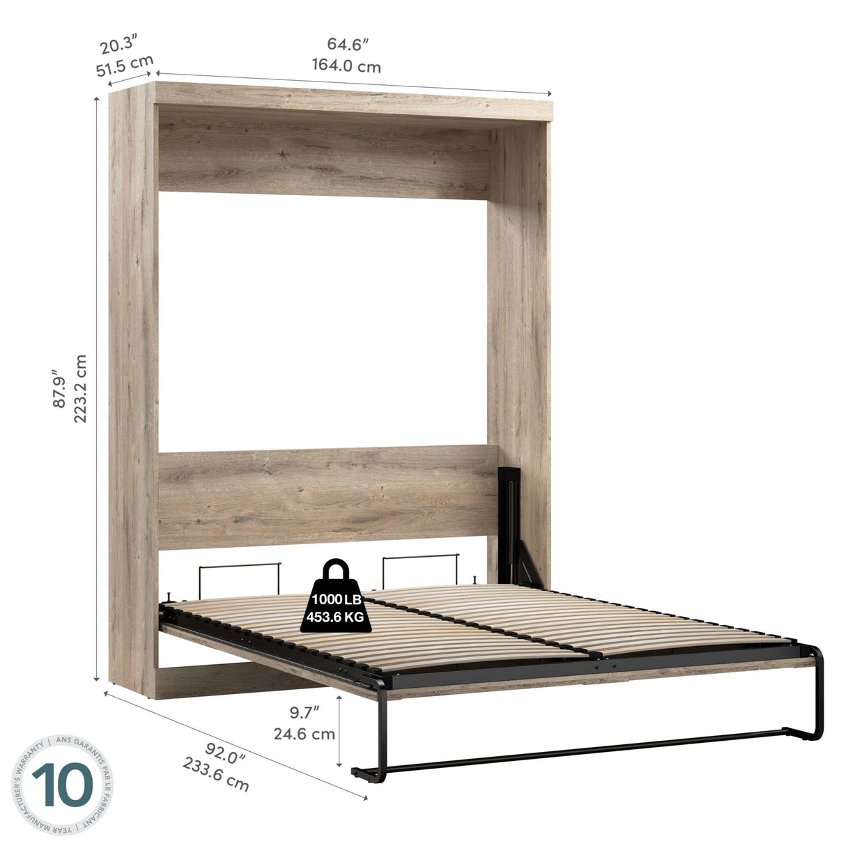 Bestar Pur Queen Size Murphy Bed in Rustic Brown, 65-inch Space-Saving Sleeping Arrangement for Multipurpose Area, Bedroom, Guest Room, or Living Room Bestar