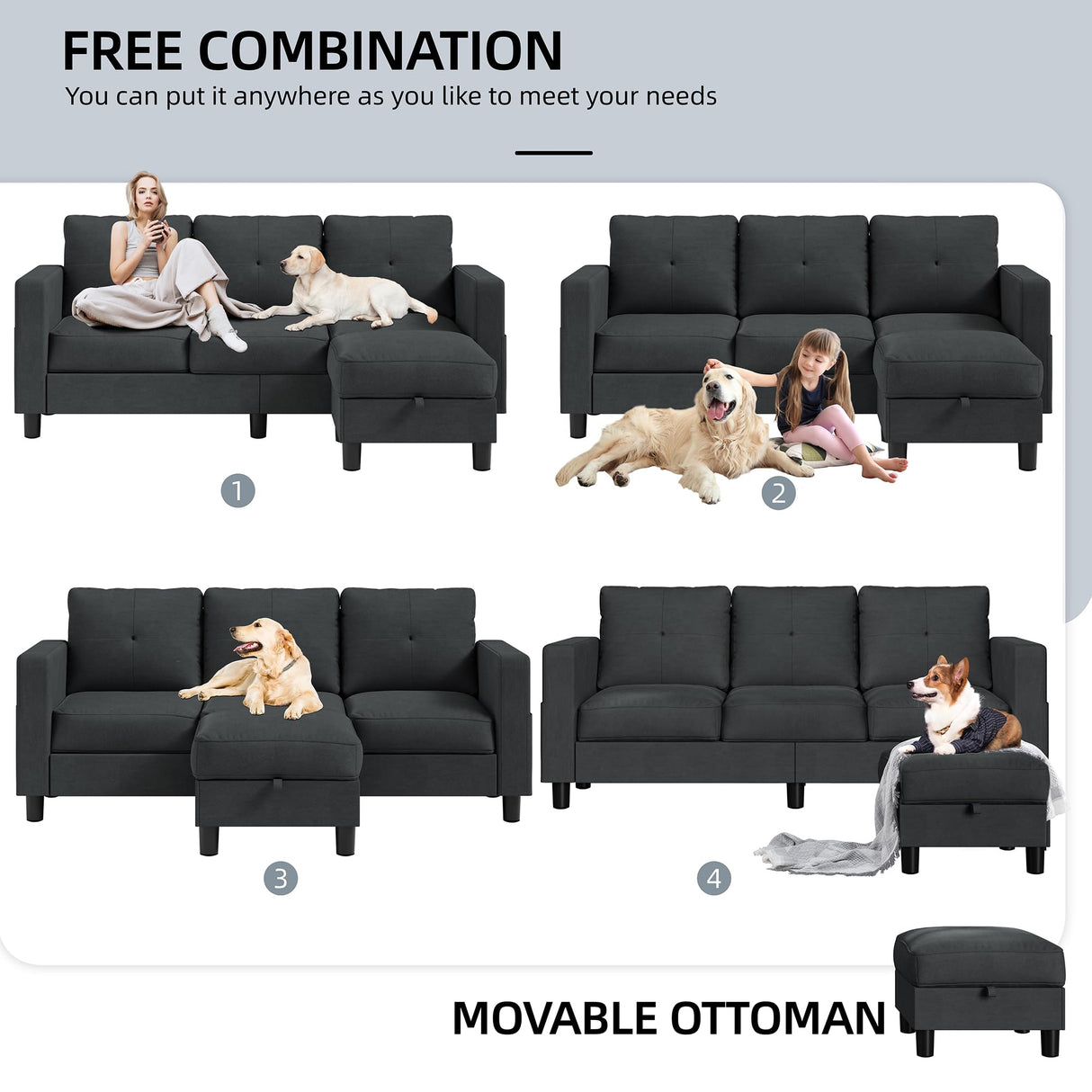 Shintenchi 76" Modern Upholstered Sectional Sofa, L-Shaped Couch with Storage Ottoman and Reversible Chaise for Living Room, Black Linen Fabric Shintenchi