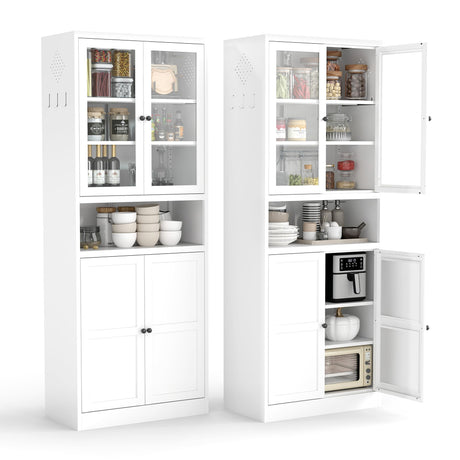 AQY Kitchen Pantry Cabinet,72" White Pantry Storage Cabinet with Adjustable Shelves and Glass Doors,Freestanding Cupboard,Metal Pantry Cabinets with Handle for Living Room Kitchen Assembly Required AQY