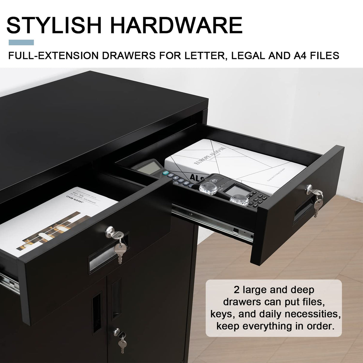 YEEZER Metal Storage Cabinet with 2 Drawers. Lockable Steel Storage Cabinet with Doors and Shelve, 37”H Office Cabinet for Home, Garage, Warehouse with Large Storage Space. (Black) YEEZER