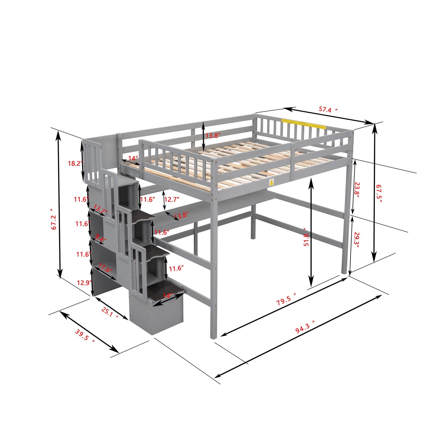 CITYLIGHT Grey Full Size Loft Bed with Stairs, Desk, and Storage Solutions for Kids and Teens - WoodArtSupply