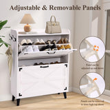 Homdox Shoe Storage Cabinet with 2 Flip Drawers, Farmhouse Narrow Shoe Cabinet with Barn Door Design, Freestanding Hidden Slim Shoe Organizer Cabinet for Entryway, Foyer, Hallway, White Homdox