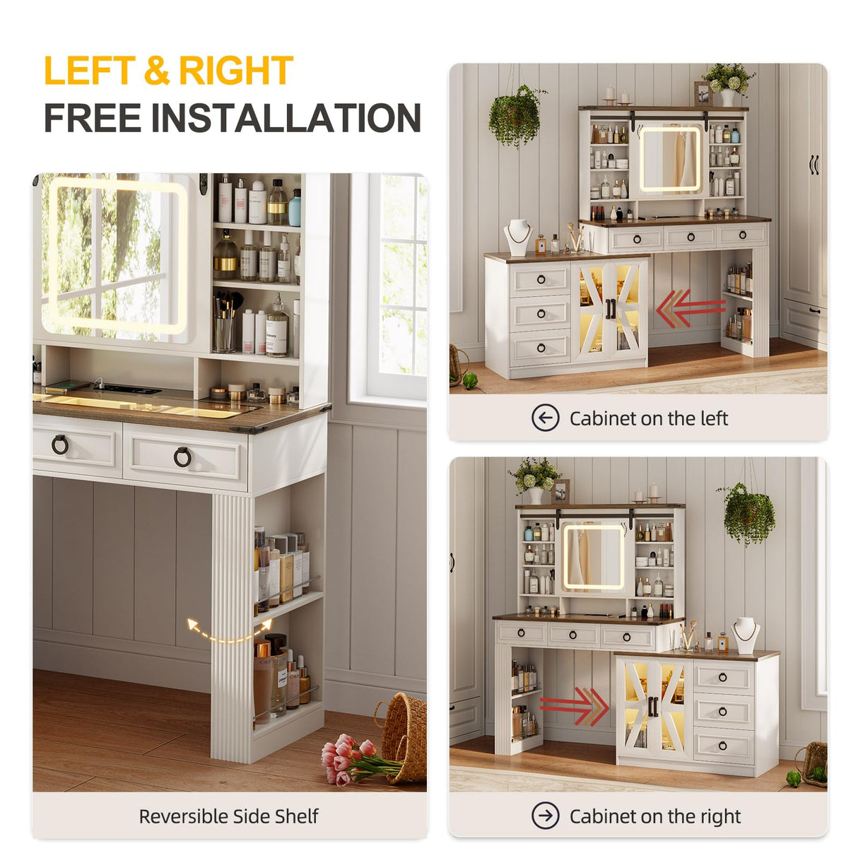 MDGC 60" W Farmhouse Makeup Vanity Desk with Sliding Mirror and Lights, Charging Glass Top Large Vanity Table with Jewelry Storage,Vanity Set with 6 Drawers,10 Shelves,Side Storage Cabinet,White MDGC