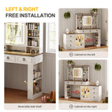 MDGC 60" W Farmhouse Makeup Vanity Desk with Sliding Mirror and Lights, Charging Glass Top Large Vanity Table with Jewelry Storage,Vanity Set with 6 Drawers,10 Shelves,Side Storage Cabinet,White MDGC