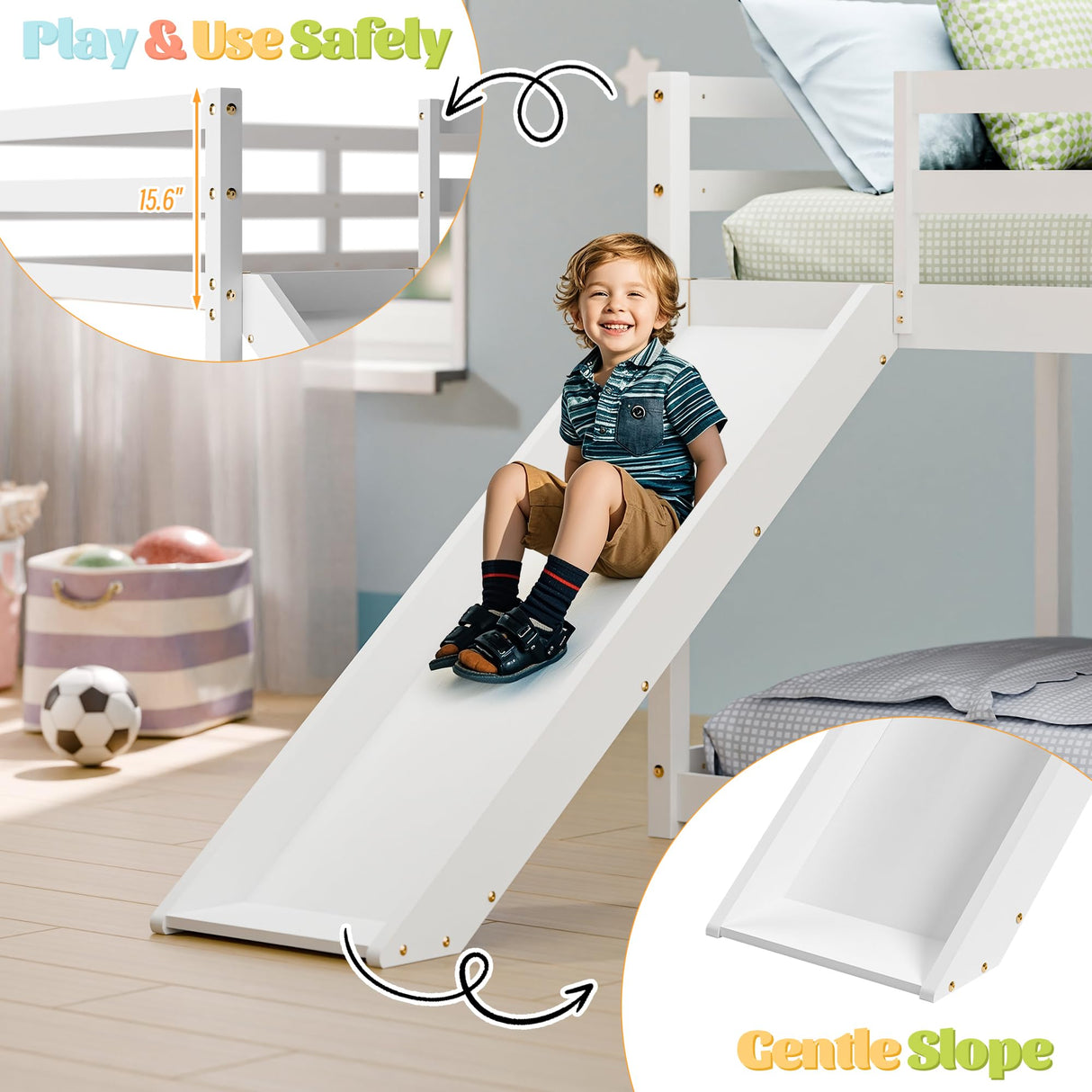 MU Twin Bunk Bed with Slide, Wood Low Bunk Bed Frame with Climbing Ladder & Safety Guard Rail, Floor Loft Bed with Lower Storage Space for Kids Toddler, White MU