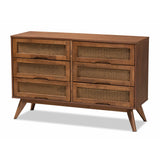 Baxton Studio Barrett Mid-Century Modern Walnut Brown Finished Wood and Synthetic Rattan 6-Drawer Dresser Baxton Studio