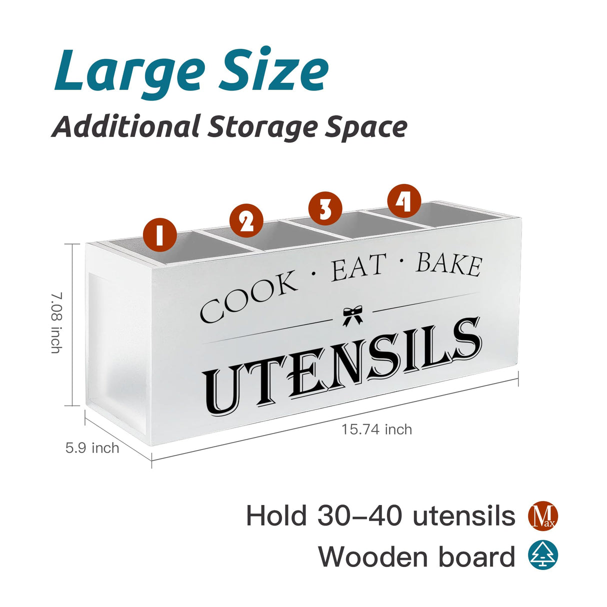 Suli Extra Large Kitchen Utensils Holder with 4 Compartments, Wooden Utensil Organizer for Kitchen Countertop, Farmhouse Kitchen Decor, Rustic Cooking Utensil - White Suli