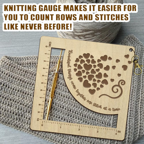 arricraft Wooden Knitting Needle Gauge, Pooled Love Pattern Spinning Control Card Cm and Inch Size Marked Hollow Crochet Ruler with Hole for Crochet Accessories arricraft