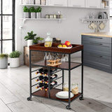 Giantex 3-Tier Kitchen Island Cart Rolling Trolley Industrial Style Serving Cart Utility Cart Wood Kitchen Stand with Glasses Holder and 9 Wine Bottles Rack Metal Frame and Castors (Rustic Brown) Giantex