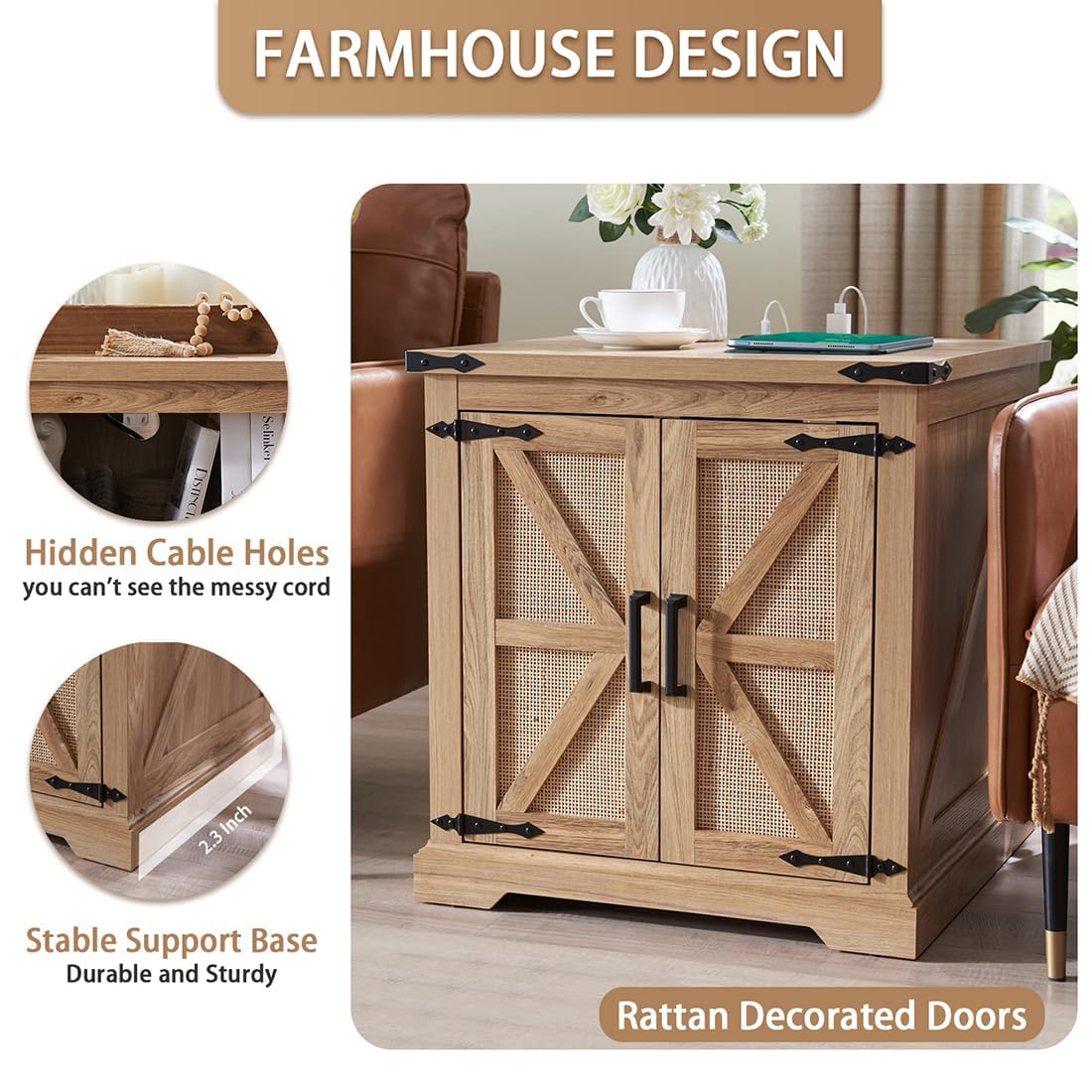 Barnyatoh Farmhouse Boho End Table with Charging Station, 24" Large Side Table with Rattan Barn Door, Rustic Wood Square Nightstand Bedside Table with Storage for Living Room, Bedroom, Natura - WoodArtSupply